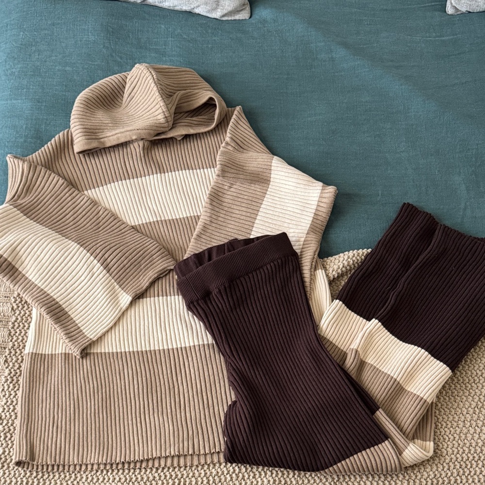 Free People Striped Brown and Cream Sweater and Pants Set
